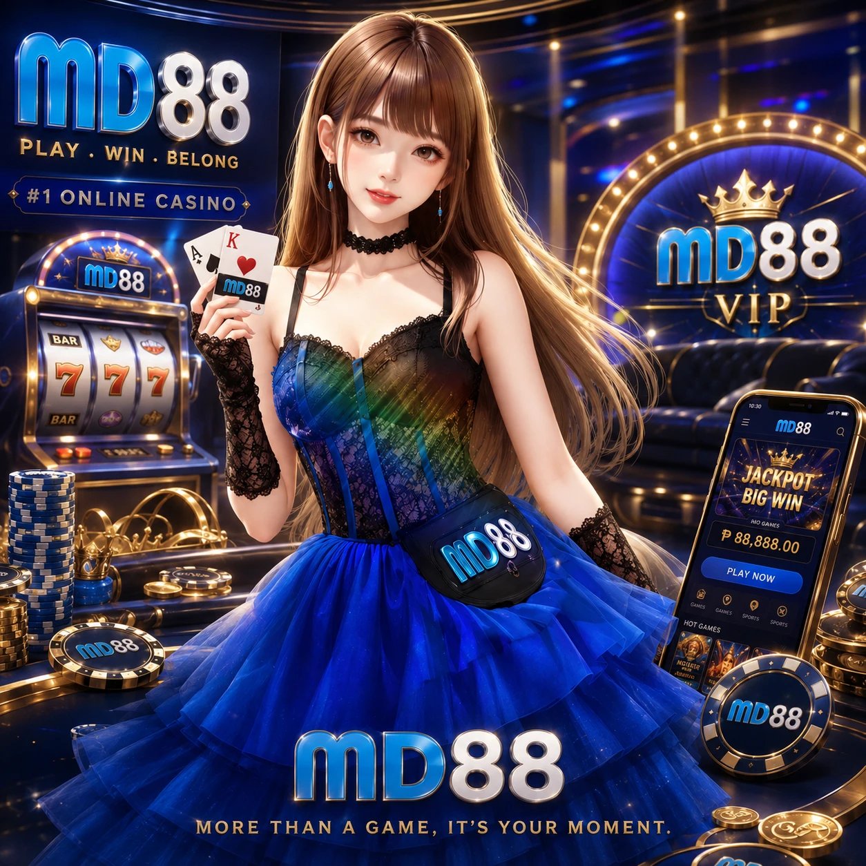 Two smartphones side by side displaying the MD88 app interface on a dark background, one showing a slot game screen and the other showing the live casino lobby, with golden light accents and download icons floating around them
