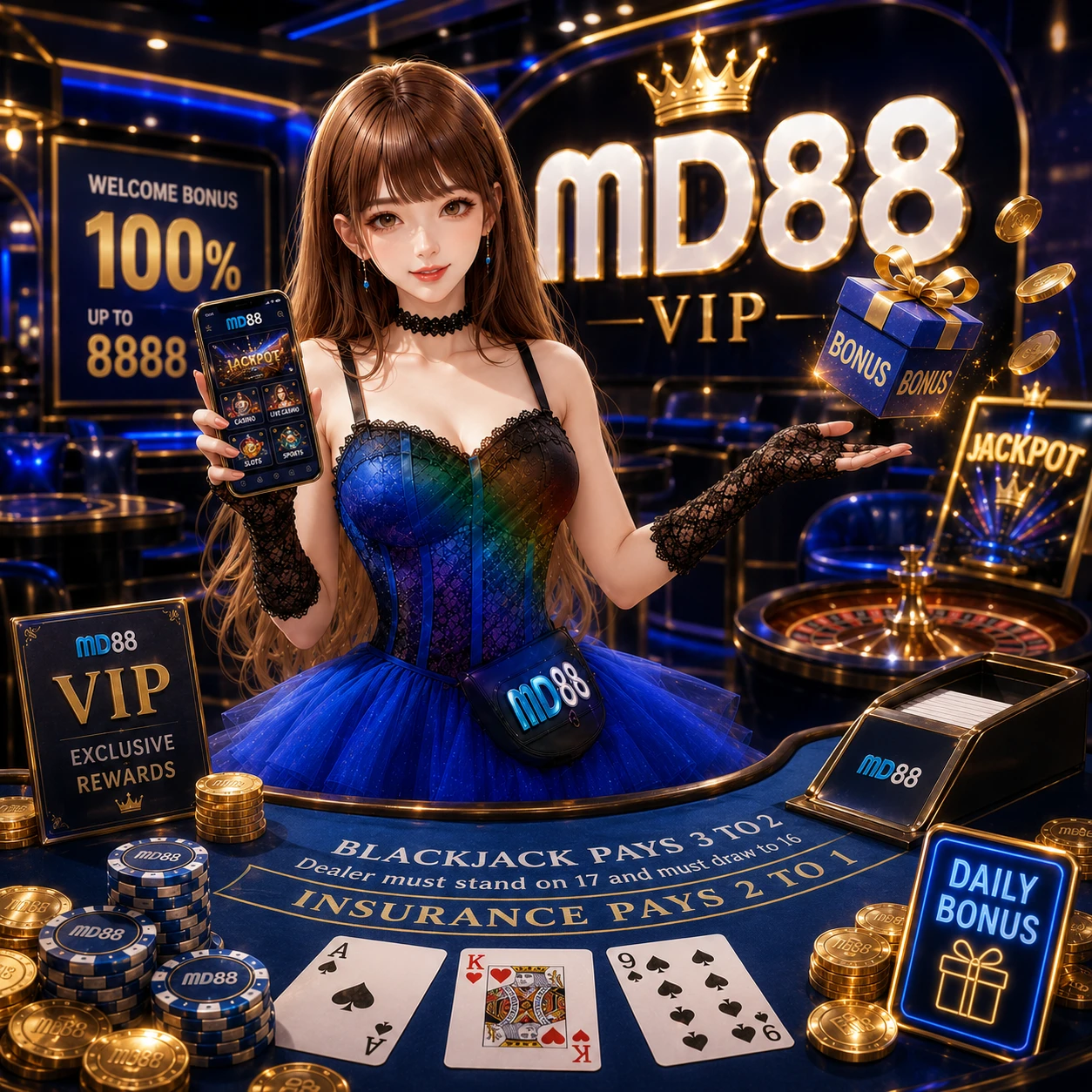 Screenshot-style image of a live dealer baccarat table with a professional dealer, real-time interface overlays, and chat panel visible