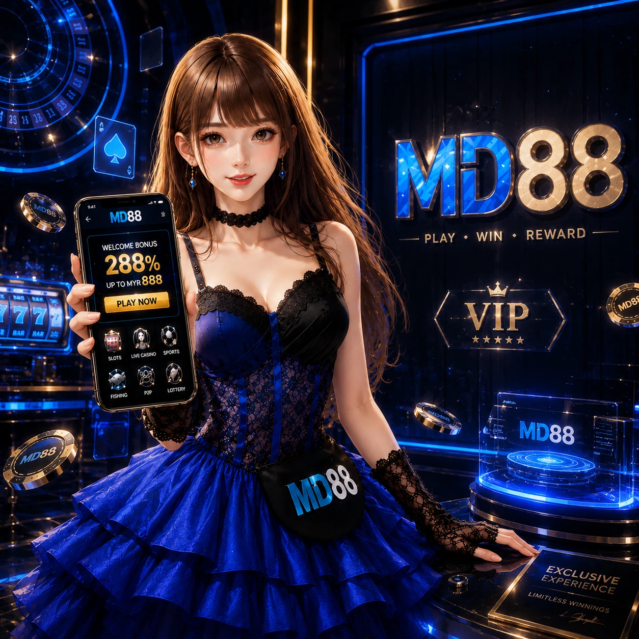 Professional dark-themed banner showing a confident entrepreneur figure alongside rising bar charts, golden coin stacks, and the MD88 logo, conveying business opportunity, growth, and high earnings potential