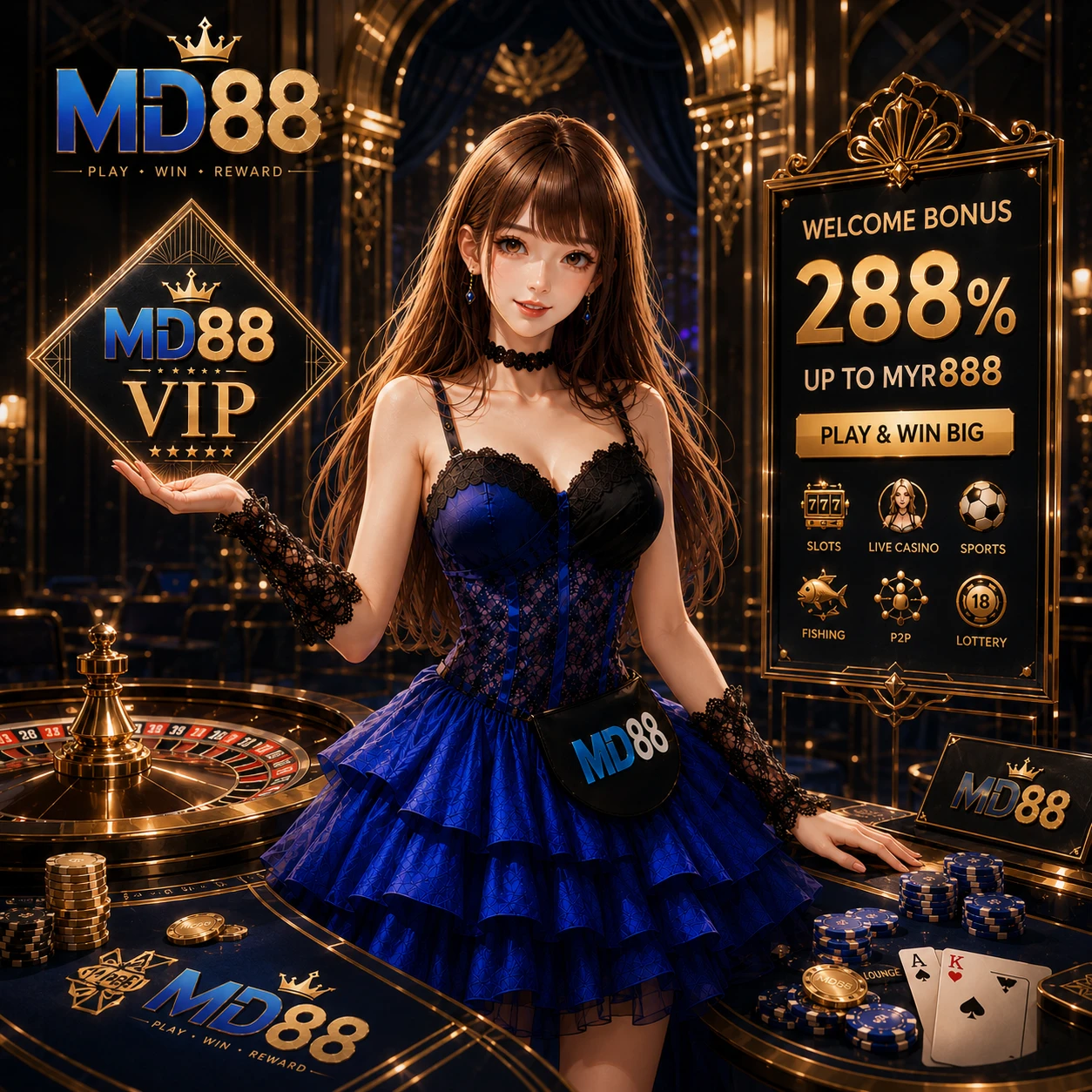 Luxurious dark-themed VIP banner with a golden crown, tiered podium representing VIP levels, scattered gold coins, and premium gift icons, conveying exclusivity and high-value rewards