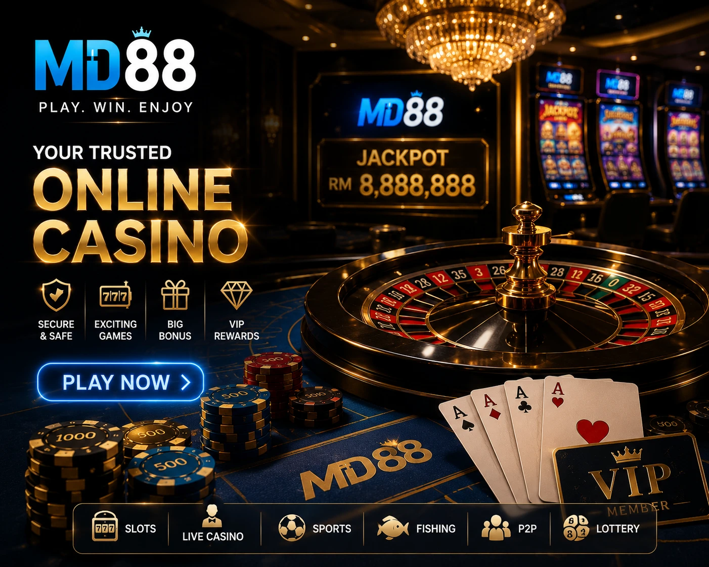 Cinematic wide-shot of a premium online casino environment with golden lighting and slot machine interface elements, conveying luxury and excitement