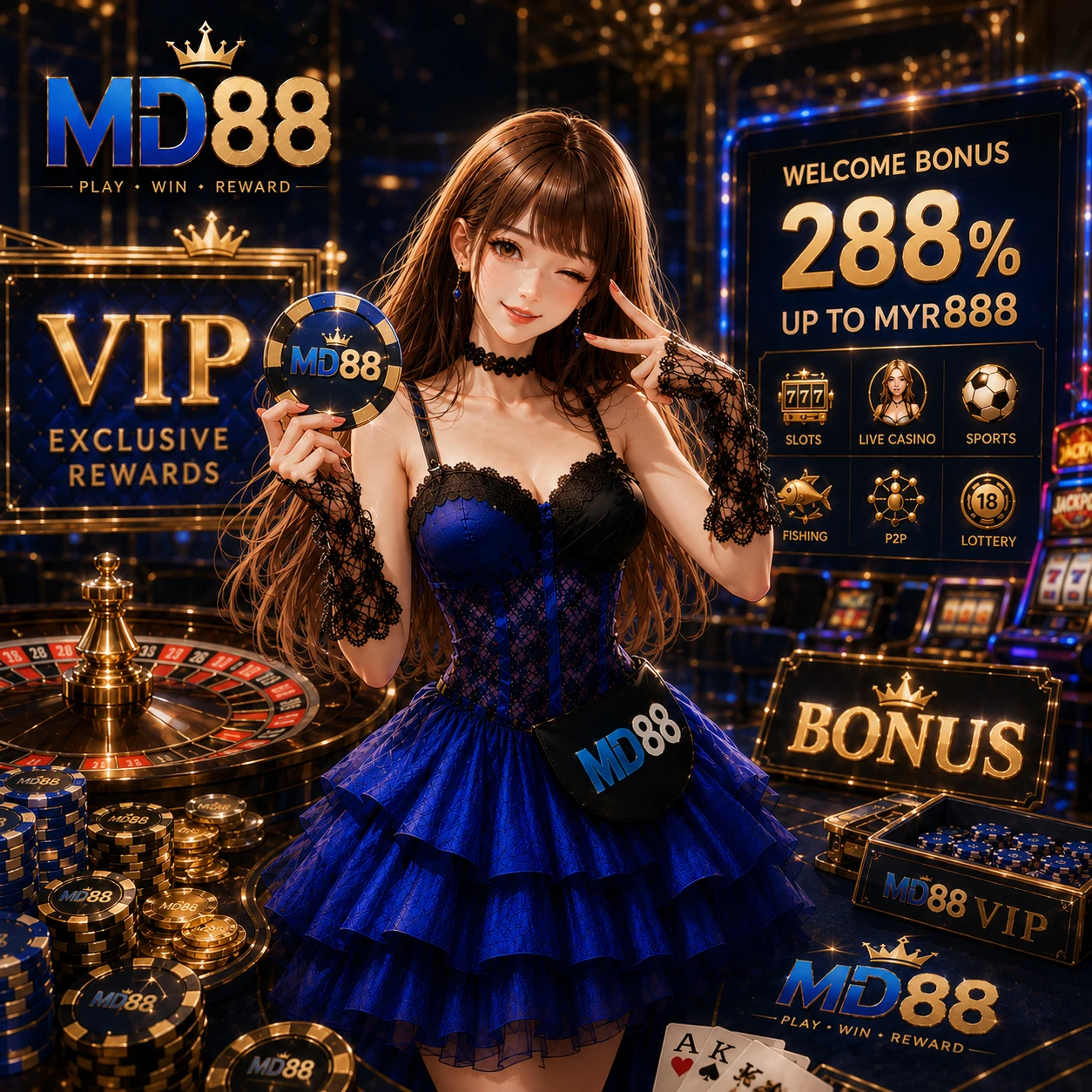 Dynamic collage showcasing multiple game interfaces including a slot reel, a live dealer baccarat table, a fishing game scene, and a sports betting scoreboard, unified by golden lighting and dark premium background