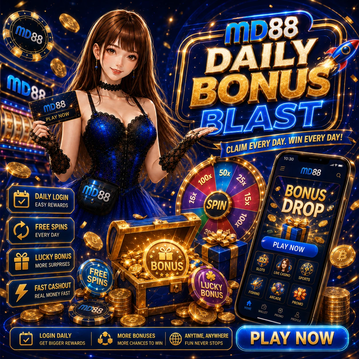 Premium dark promotional banner featuring golden coins, gift boxes, bonus tags, and the MD88 logo, with a celebratory atmosphere suggesting generous rewards and excitement