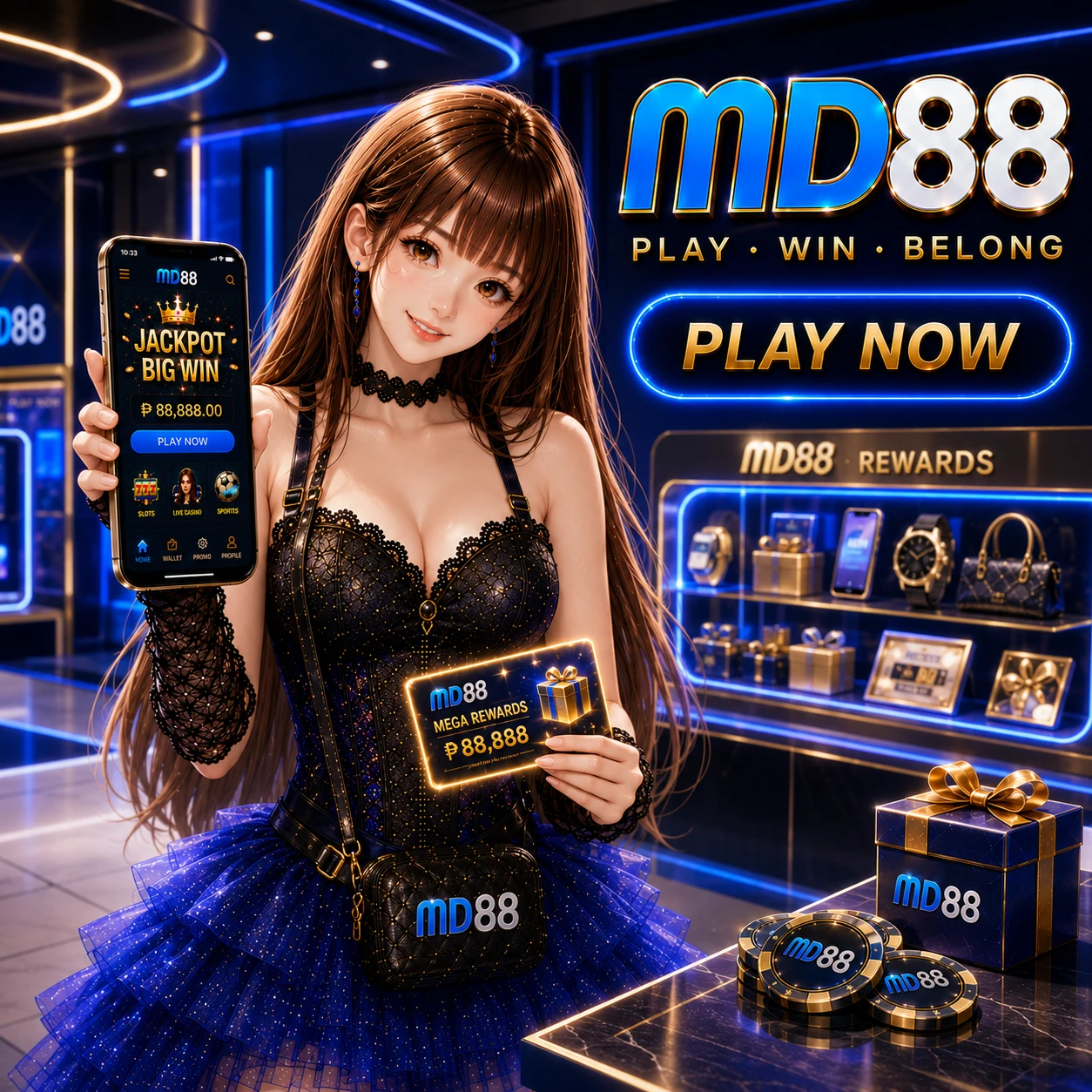 Mobile browser screenshot showing the MD88 download page with a prominent golden Download for Android button and a file download progress indicator at the bottom of the screen