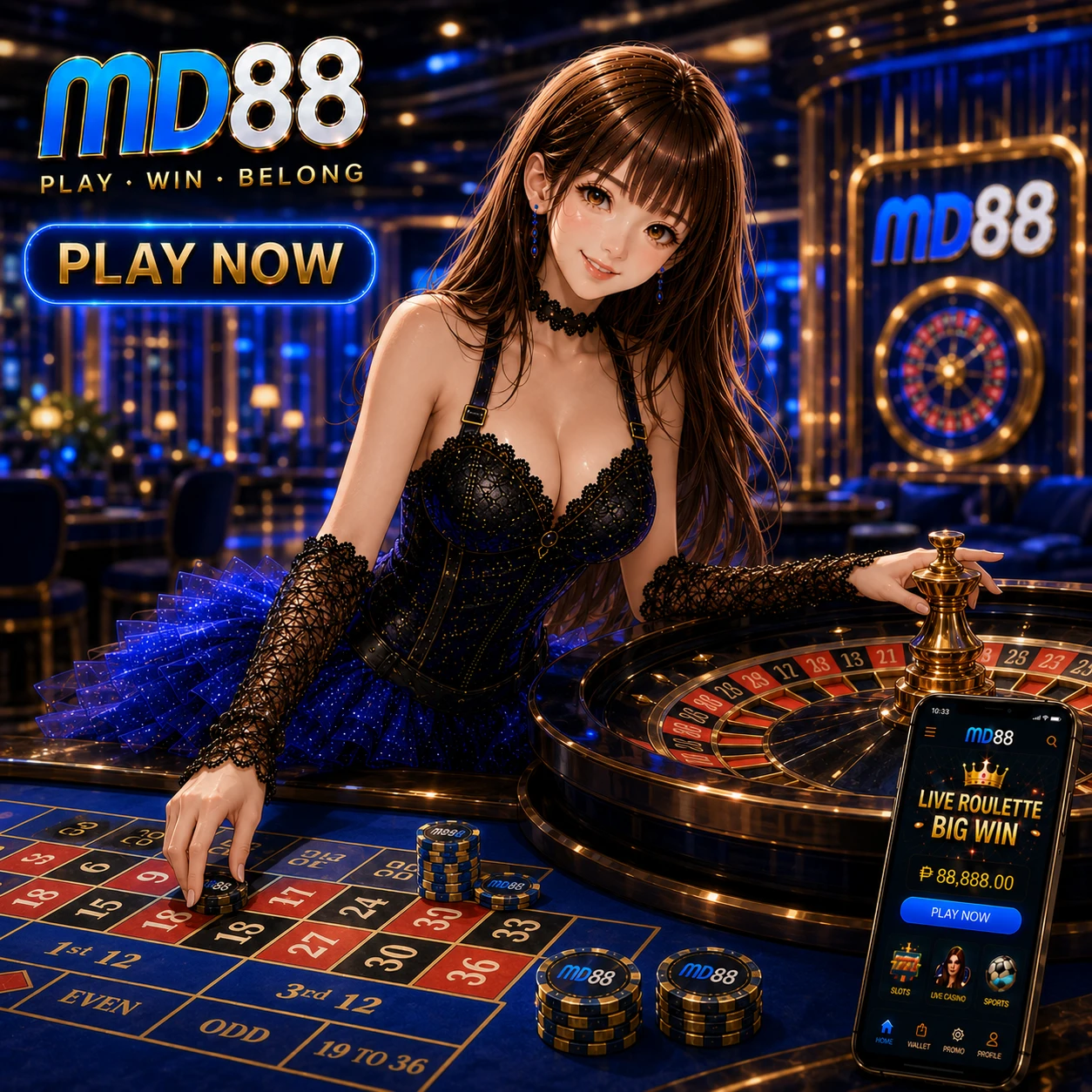 Professional corporate-style banner with the MD88 logo centered on a dark gradient background, flanked by trust symbols including a platform compliance seal, a shield with a lock icon, and a certificate ribbon, conveying authority and reliability